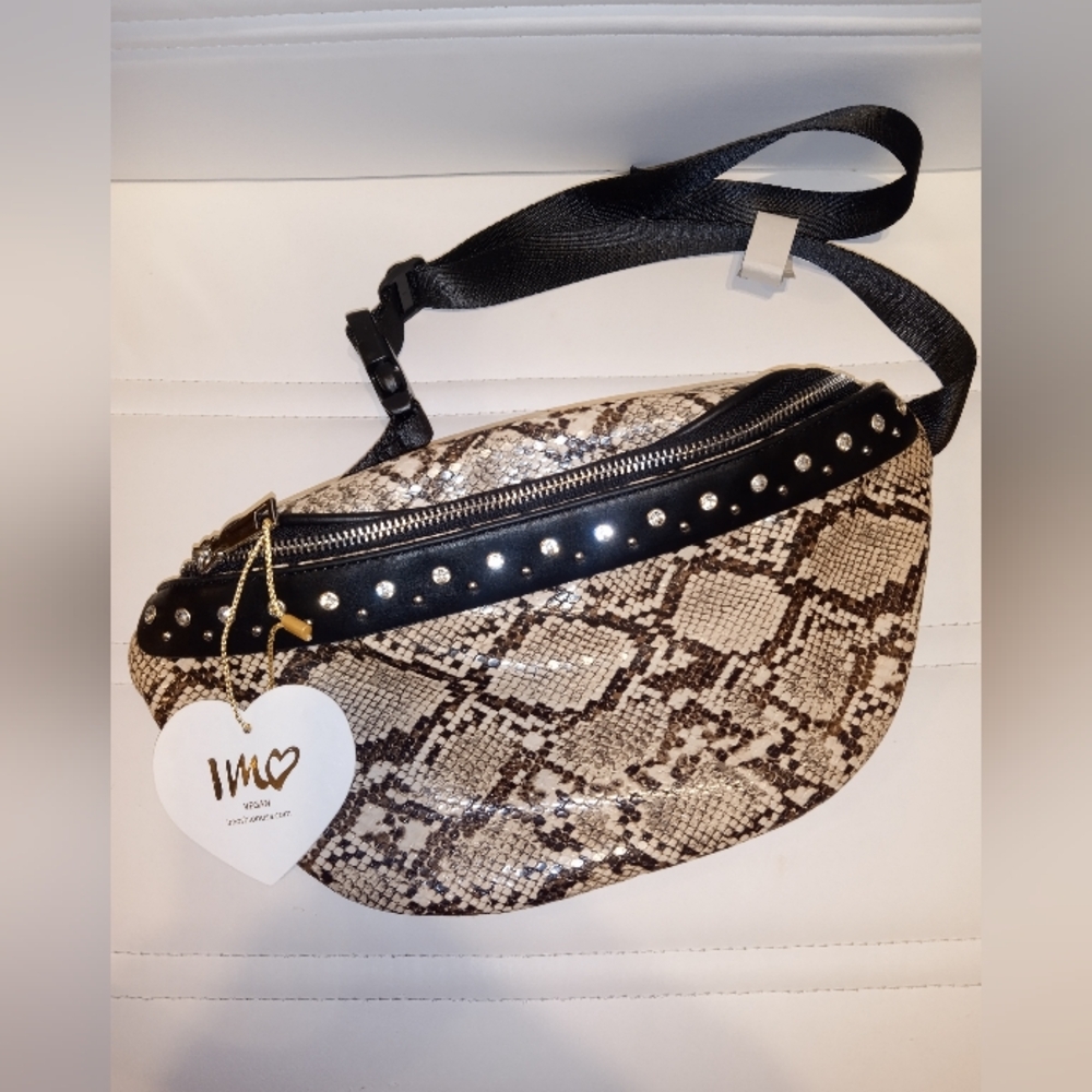NWT Vegan Snakeskin Pattern Belt Bag - Black and Brown With Diamond Accents.